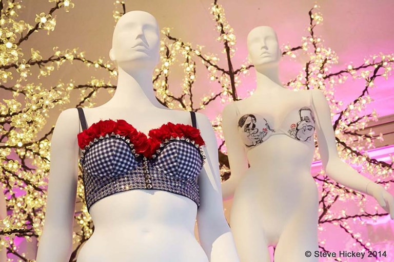 Designer bras on display at the Walk The Walk event